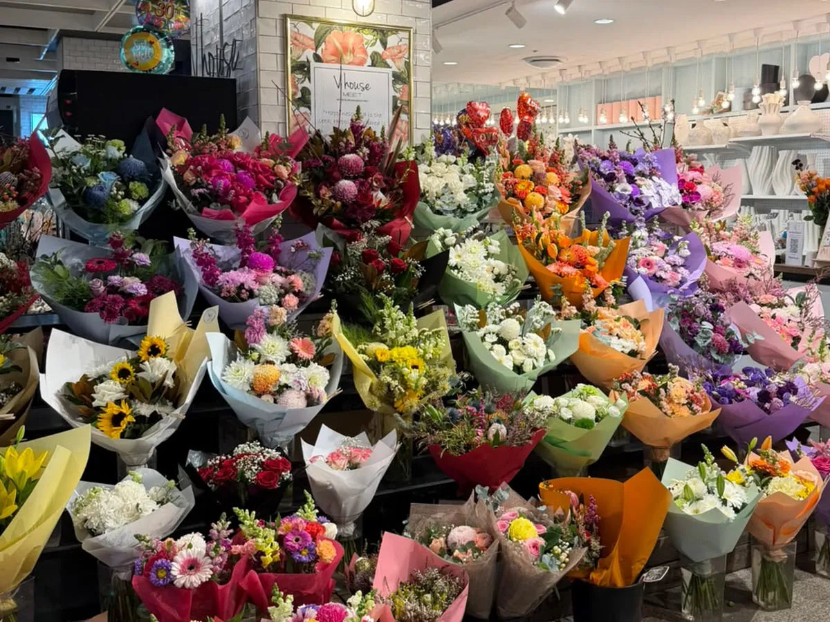 Bright spring flower bouquets on display at Vhouse Florist, Westfield Miranda