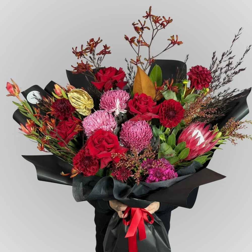 Heart and Soul red rose, protea and Australian native flower bouquet by Vhouse Florist Sydney