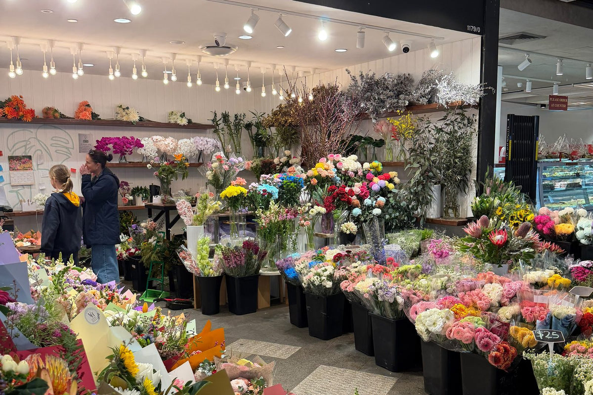 Fresh bouquets and flower buckets at Vhouse Florist in Westfield Miranda before local Cronulla deliveries