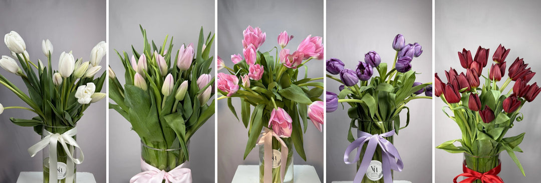 Five glass vases of tulips from Vhouse Florist Miranda in white, pale pink, hot pink, purple and red