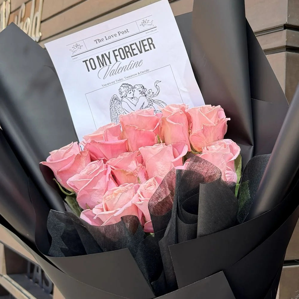 12 blush pink roses bouquet in black paper with romantic gift card, Sydney same-day luxury pink rose delivery and romantic flower gifts by Vhouse Florist