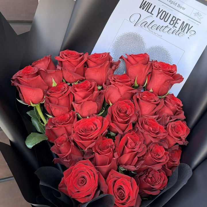 24 luxury red roses bouquet with romantic gift card wrapped in black paper, Sydney same-day luxury red rose delivery and romantic flower gifts by Vhouse Florist