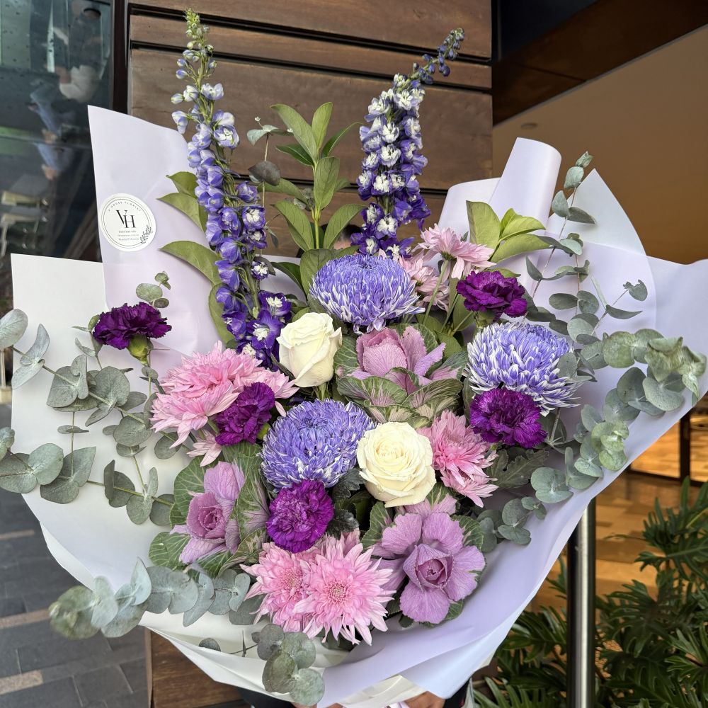 Purple Mother's Day bouquet with delphiniums, chrysanthemums and roses, Sydney same-day flower delivery by Vhouse Florist