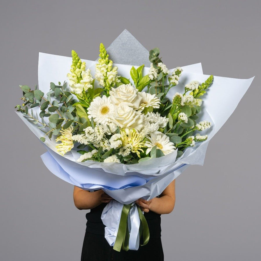 Pearl Meadow white seasonal flower bouquet with greenery