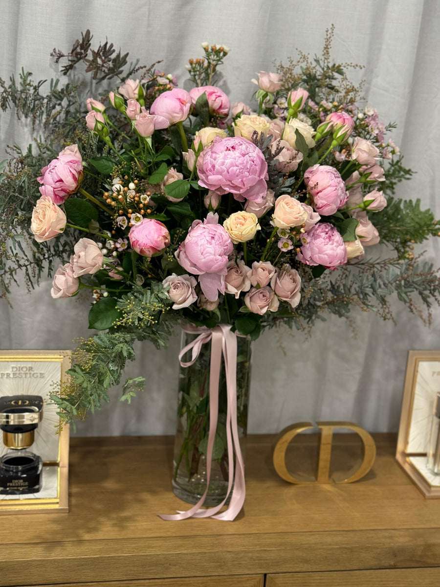 Dior event pink pedestal floral arrangement by Vhouse Florist Sydney