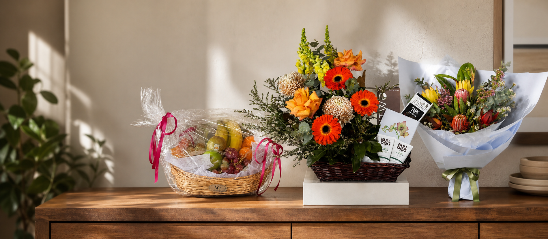 Father's Day gifts by Vhouse Florist: Fresh Fruit Basket, The Gentleman's Hamper, and Wildflower bouquet