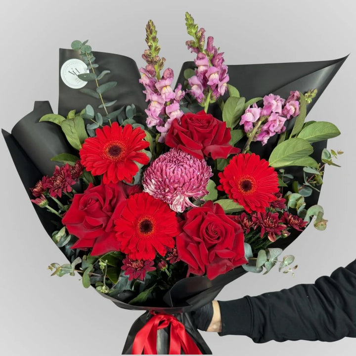 Heart &amp; Soul Classic red rose arrangement detail with native Australian flowers