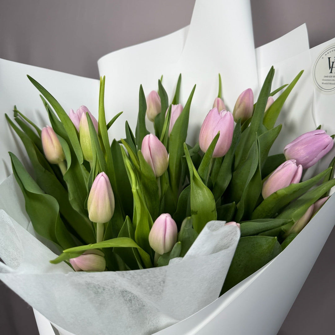 Pale blush pink tulip wrapped bouquet, close-up