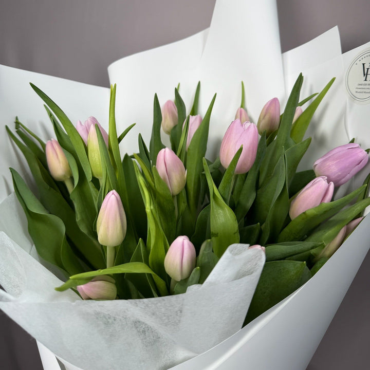 Pale blush pink tulip wrapped bouquet, close-up