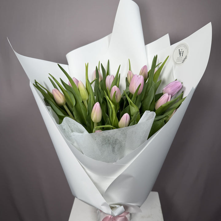 Pale blush pink tulip wrapped bouquet