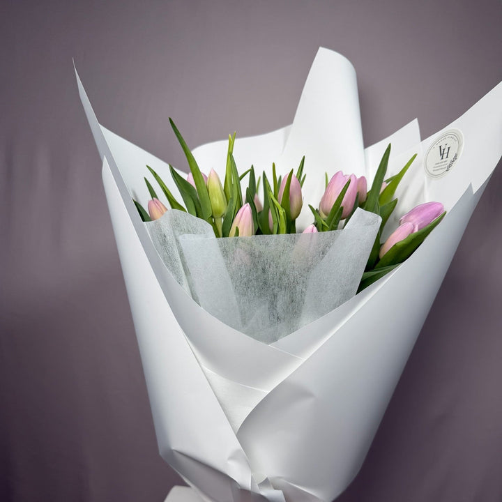 Pale blush pink tulip wrapped bouquet, full view