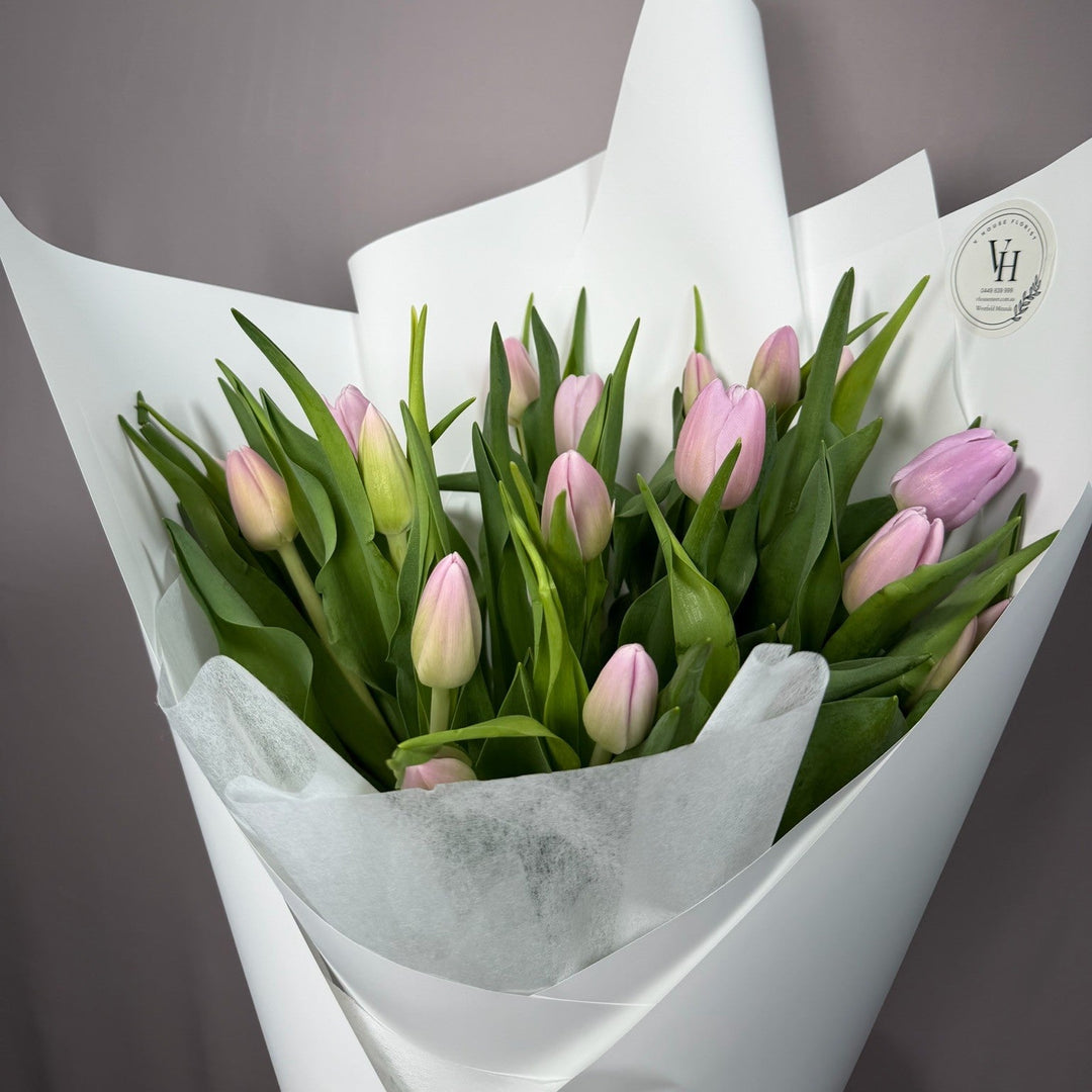 Pale blush pink tulip bouquet, side view