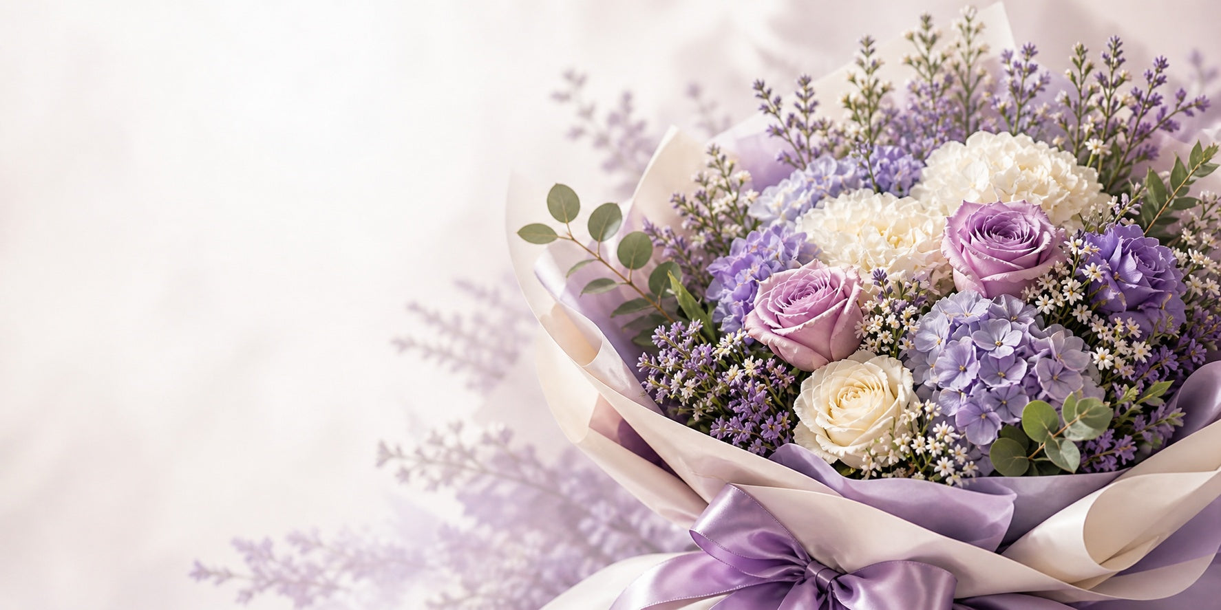 Luxury purple bouquet hero banner featuring roses, hydrangeas, lavender and eucalyptus wrapped in purple satin ribbon, Sydney luxury flower delivery and gift flowers by Vhouse Florist