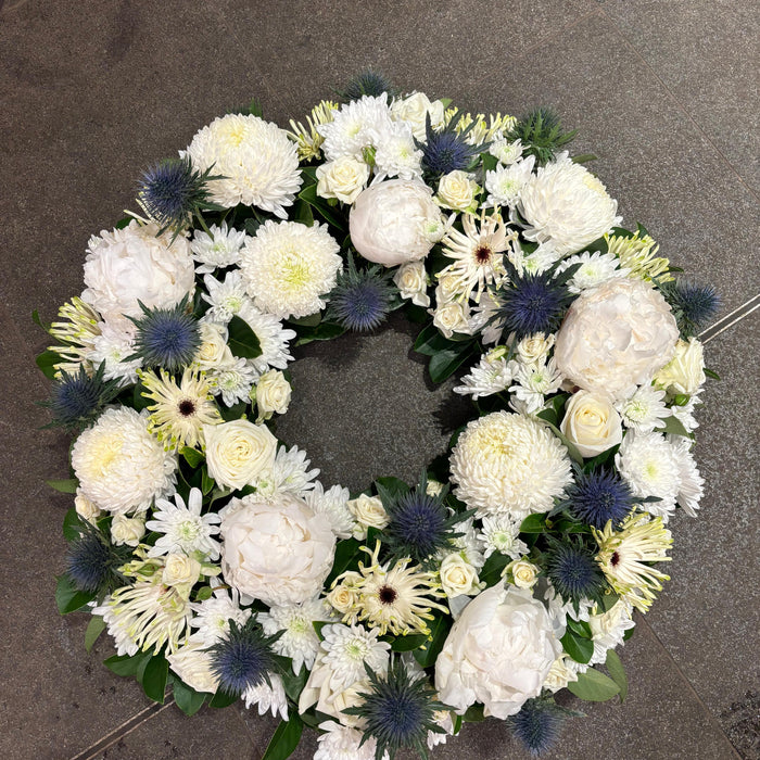 White Sympathy Wreath — flowers by Vhouse Florist, Sydney