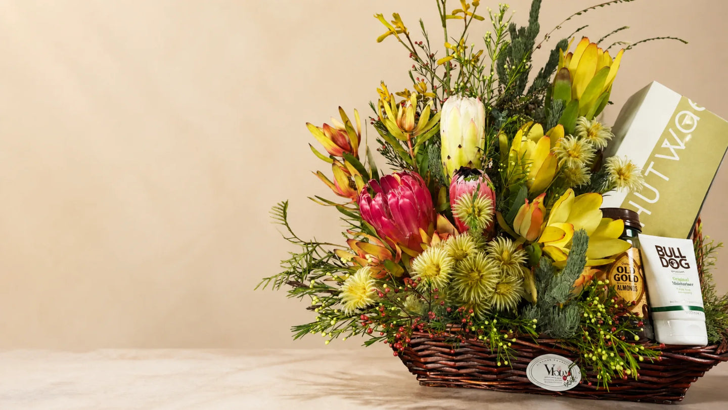 Father's Day native flower and gentleman's gift hamper arranged by Vhouse Florist in Miranda