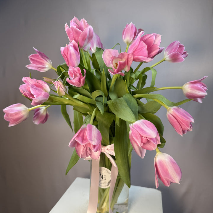Vivid hot pink tulips in a glass vase, angled view