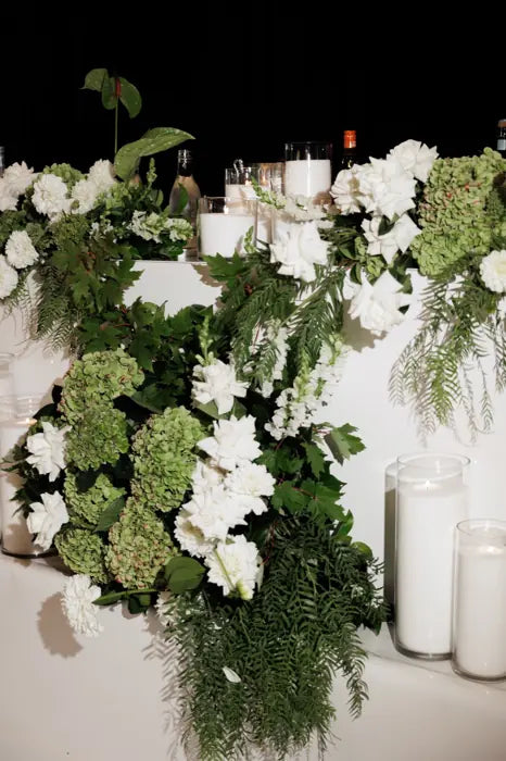 Long bridal table floral runner with candles